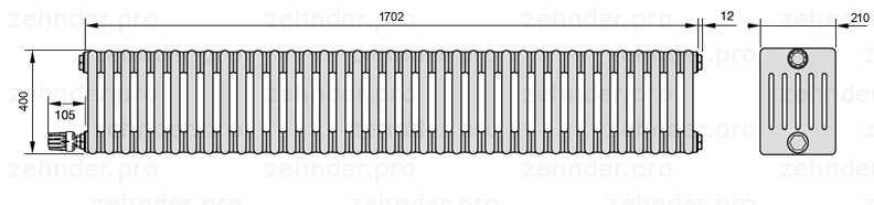Схема (чертеж) Радиатор Zehnder Charleston 6040/37 №V004 Белый глянцевый RAL 9016
